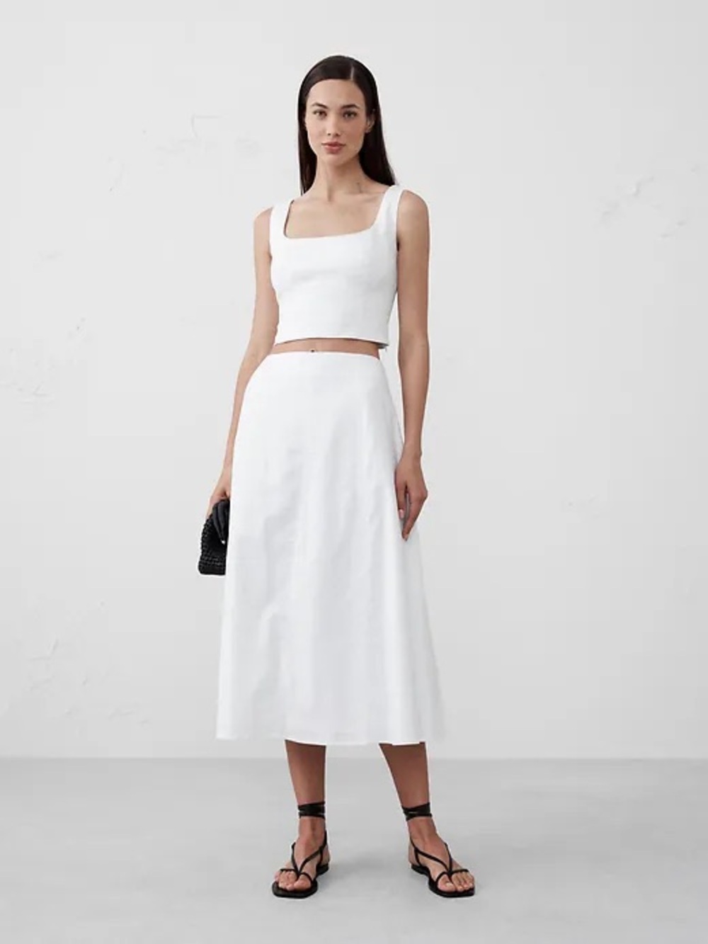 Banana Republic White Linen Blend 2pc Set Smocked Top Midi Skirt Size 6